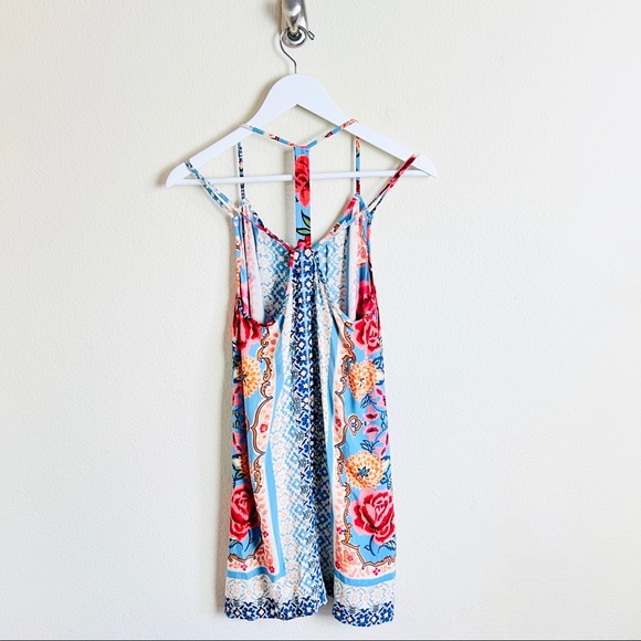 Cream & Bright Floral Mixed Print Linen Strappy Boho Shift Mini Dress - Picture 6 of 9